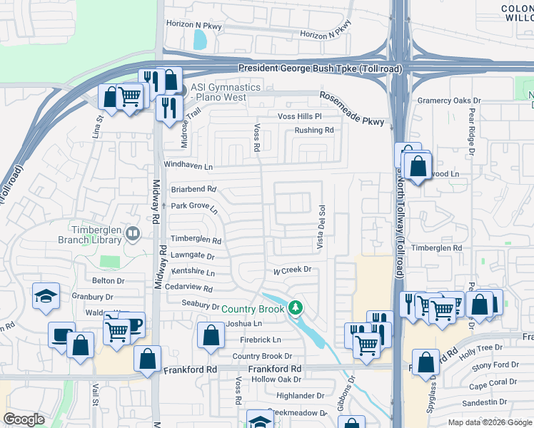 map of restaurants, bars, coffee shops, grocery stores, and more near 18712 Voss Road in Dallas