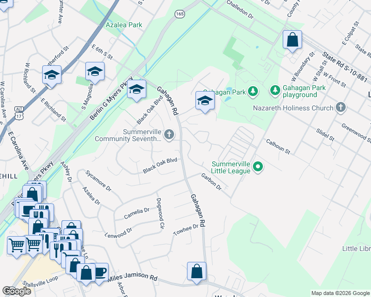map of restaurants, bars, coffee shops, grocery stores, and more near 103 Evesham Drive in Summerville