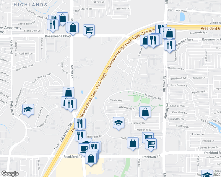 map of restaurants, bars, coffee shops, grocery stores, and more near 3737 Timberglen Road in Dallas