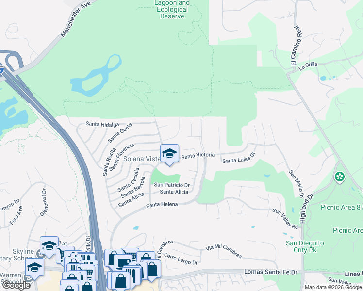 map of restaurants, bars, coffee shops, grocery stores, and more near 1104 Santa Rufina Court in Solana Beach