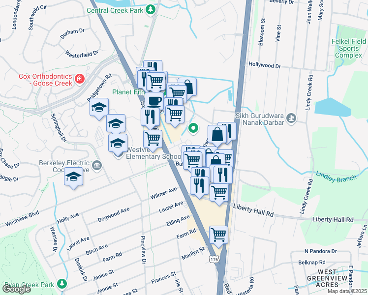 map of restaurants, bars, coffee shops, grocery stores, and more near 106 Central Avenue in Goose Creek