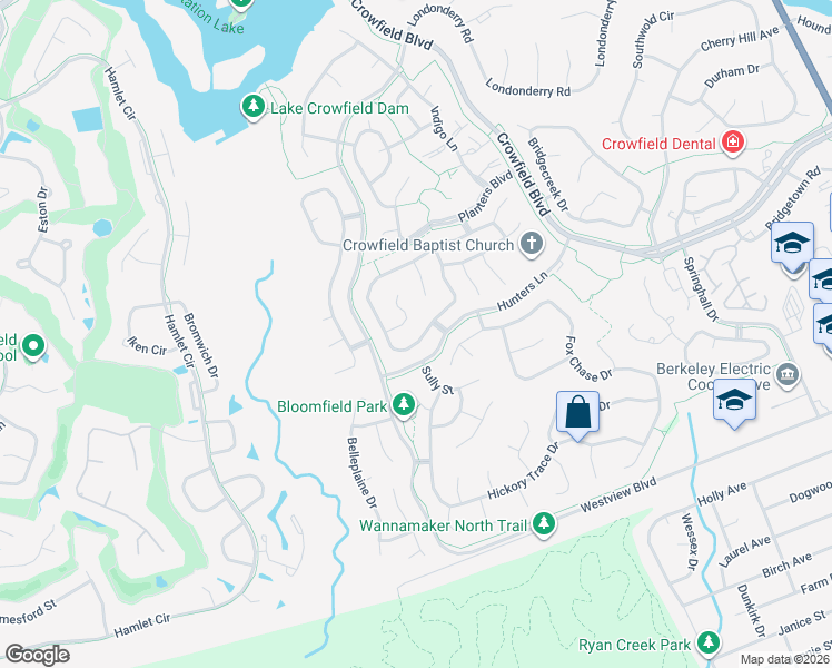 map of restaurants, bars, coffee shops, grocery stores, and more near 112 Saxton Court in Goose Creek