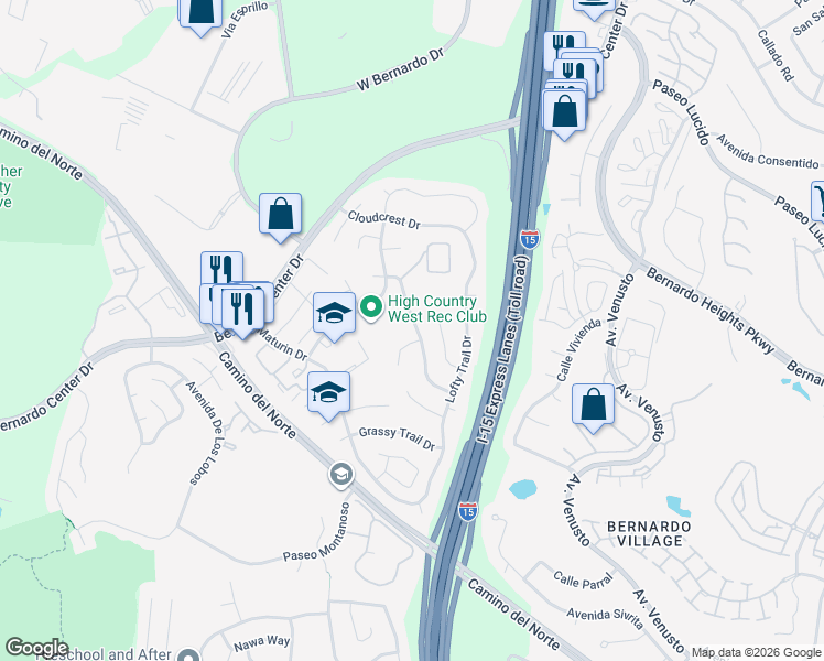 map of restaurants, bars, coffee shops, grocery stores, and more near 15942 Big Springs Way in San Diego