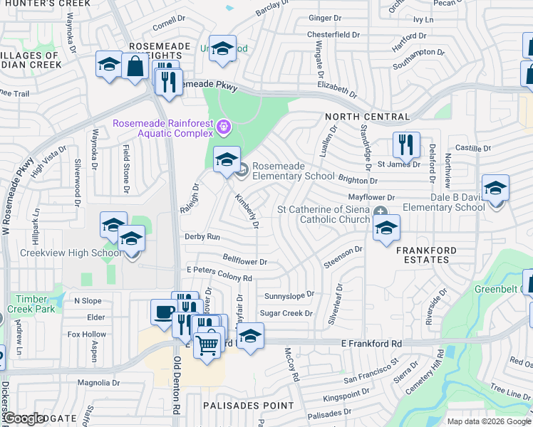 map of restaurants, bars, coffee shops, grocery stores, and more near 1541 Knollview Lane in Carrollton