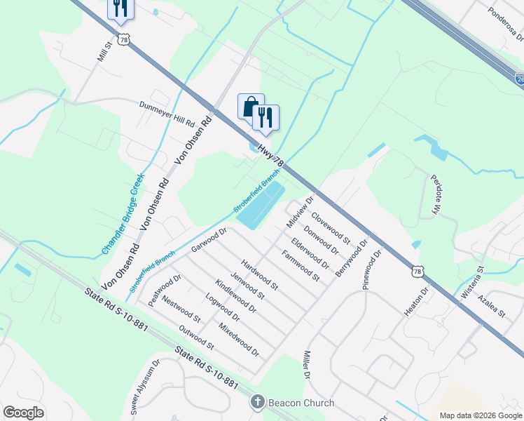 map of restaurants, bars, coffee shops, grocery stores, and more near 4475 Donwood Circle in Ladson