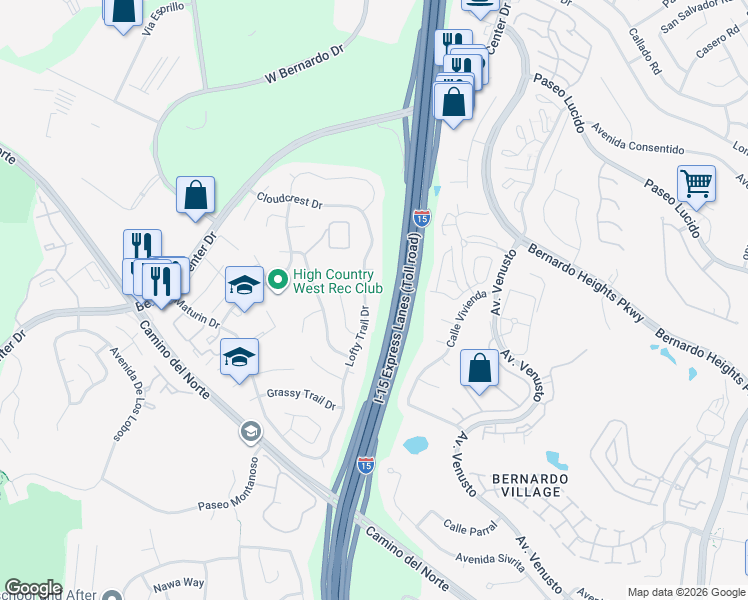 map of restaurants, bars, coffee shops, grocery stores, and more near 11525 Eaglesview Court in San Diego