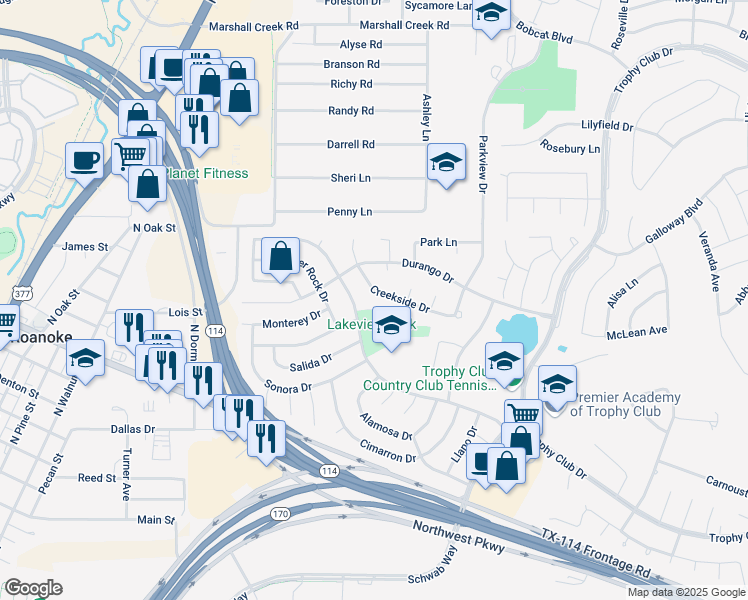 map of restaurants, bars, coffee shops, grocery stores, and more near 41 Creekside Drive in Trophy Club