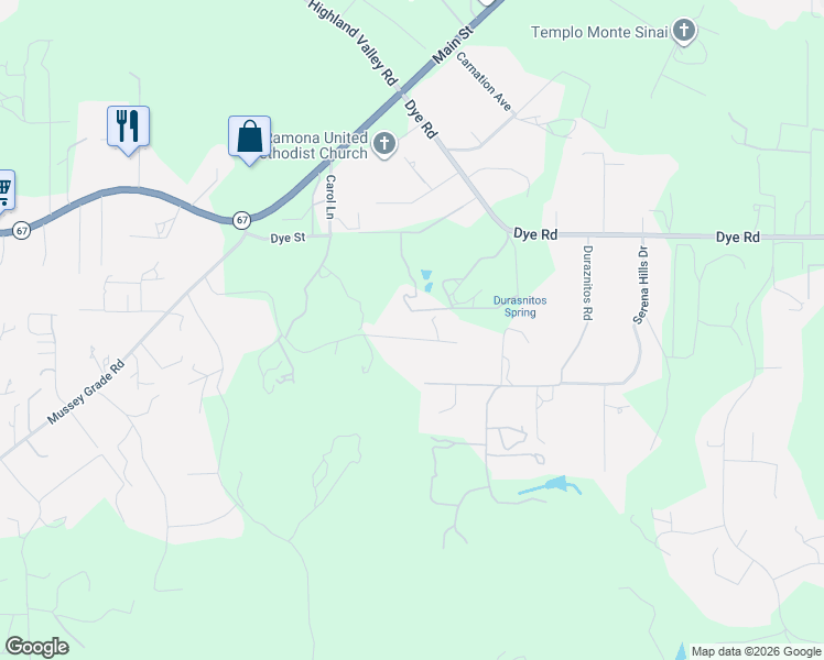 map of restaurants, bars, coffee shops, grocery stores, and more near 19438 Split Rock Road in Ramona