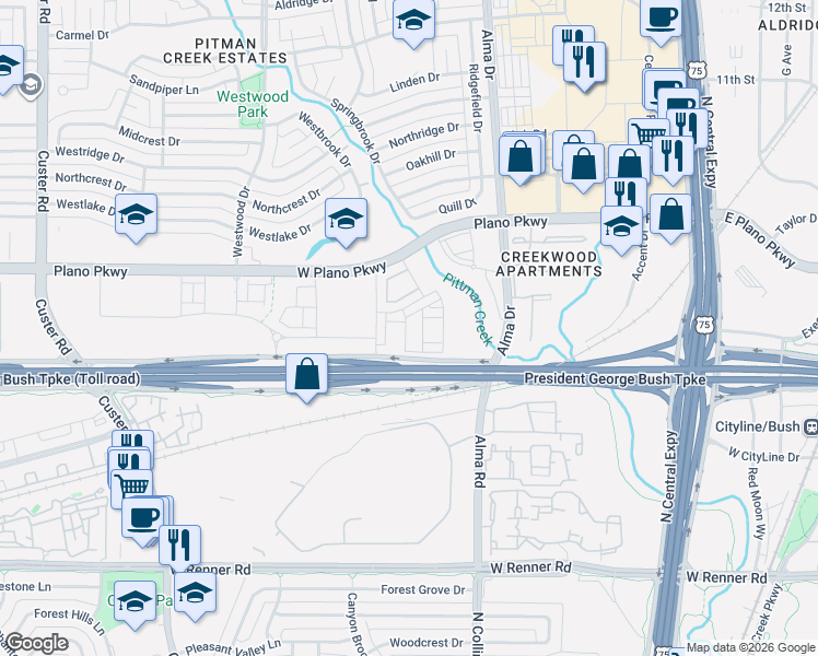 map of restaurants, bars, coffee shops, grocery stores, and more near in Plano