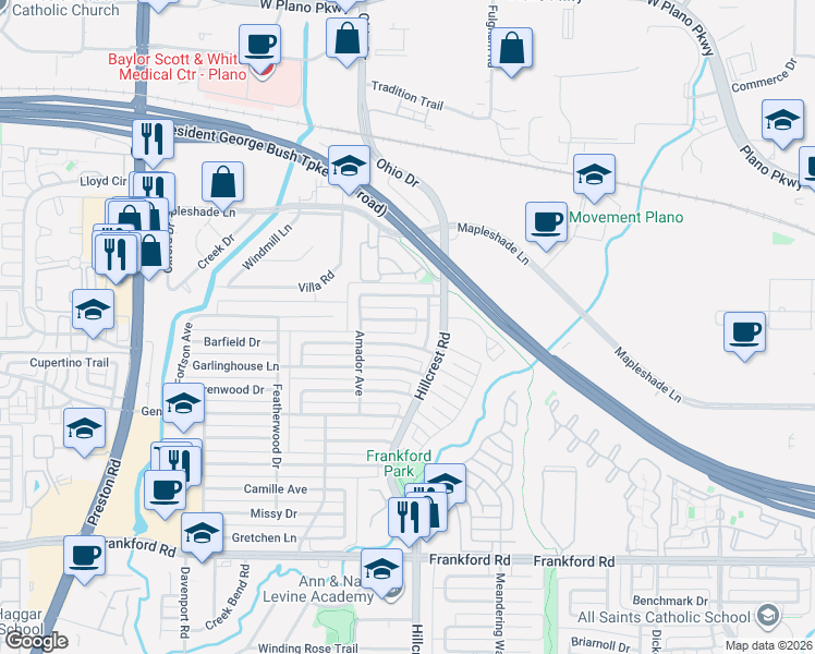 map of restaurants, bars, coffee shops, grocery stores, and more near 18711 Sagewood Drive in Dallas