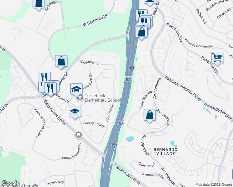 map of restaurants, bars, coffee shops, grocery stores, and more near 16088 Lofty Trail Drive in San Diego
