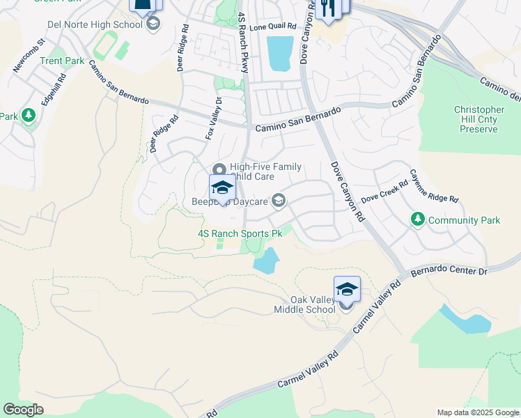 map of restaurants, bars, coffee shops, grocery stores, and more near 16232 Palomino Mesa Court in San Diego