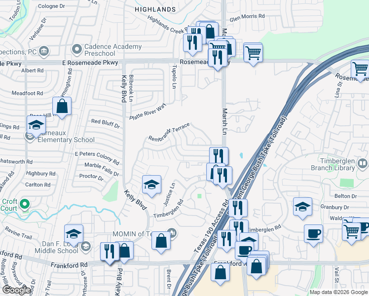 map of restaurants, bars, coffee shops, grocery stores, and more near 2720 Gainesborough Drive in Dallas