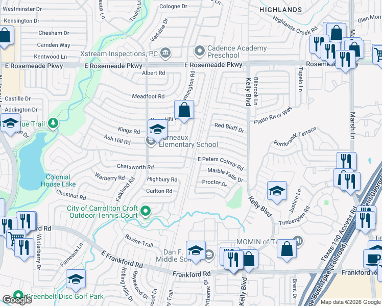 map of restaurants, bars, coffee shops, grocery stores, and more near 3213 Rose Hill Road in Carrollton