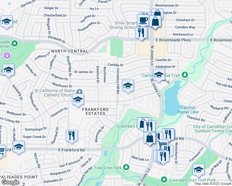 map of restaurants, bars, coffee shops, grocery stores, and more near 1725 Paxton Drive in Carrollton