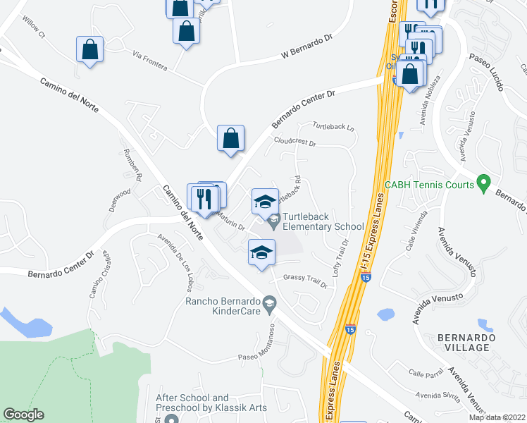map of restaurants, bars, coffee shops, grocery stores, and more near Turtleback Road & Willowwood Drive in San Diego