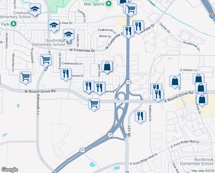 map of restaurants, bars, coffee shops, grocery stores, and more near in Lewisville