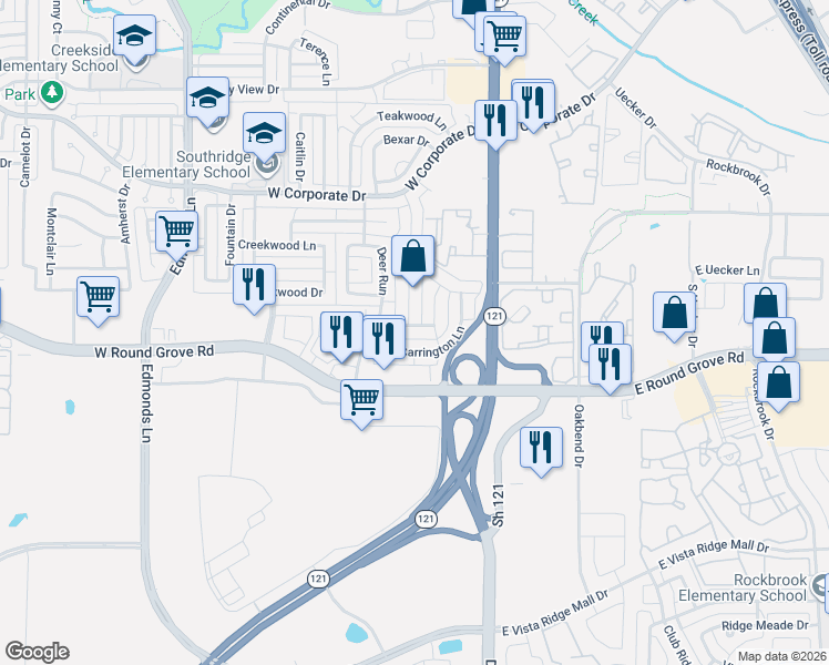 map of restaurants, bars, coffee shops, grocery stores, and more near 228 Wallington Way in Lewisville