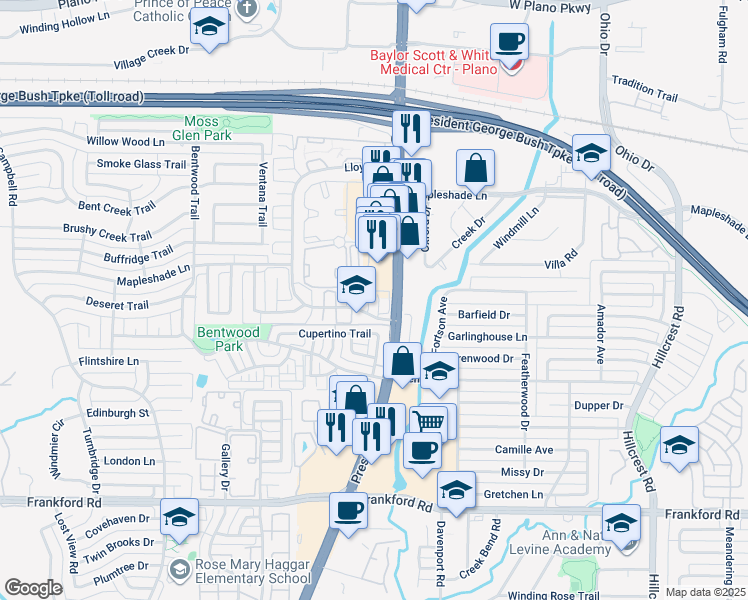 map of restaurants, bars, coffee shops, grocery stores, and more near 18719 Riverstone Court in Dallas