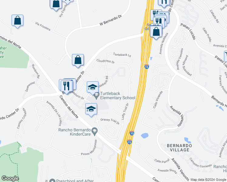 map of restaurants, bars, coffee shops, grocery stores, and more near 15942 Big Springs Way in San Diego