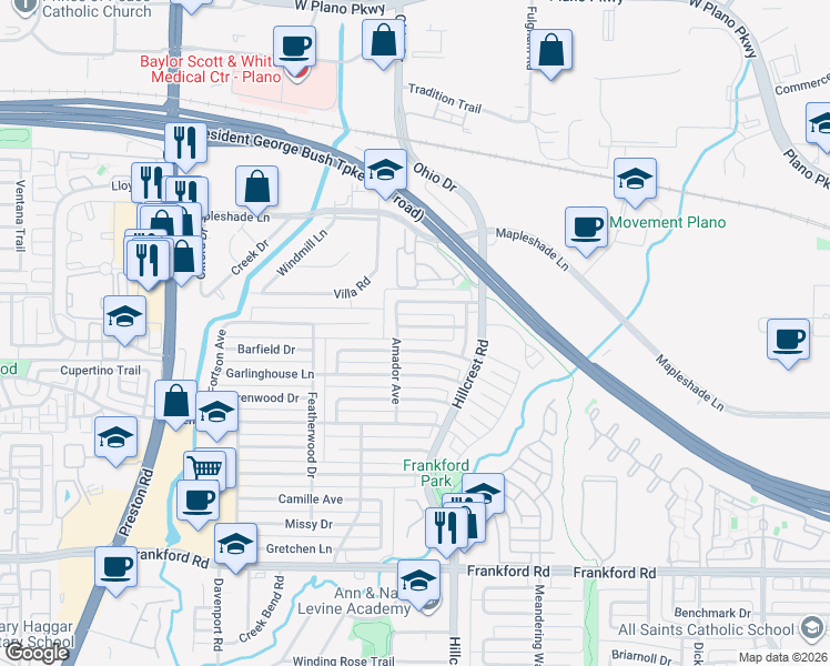 map of restaurants, bars, coffee shops, grocery stores, and more near 6715 Summer Meadow Lane in Dallas