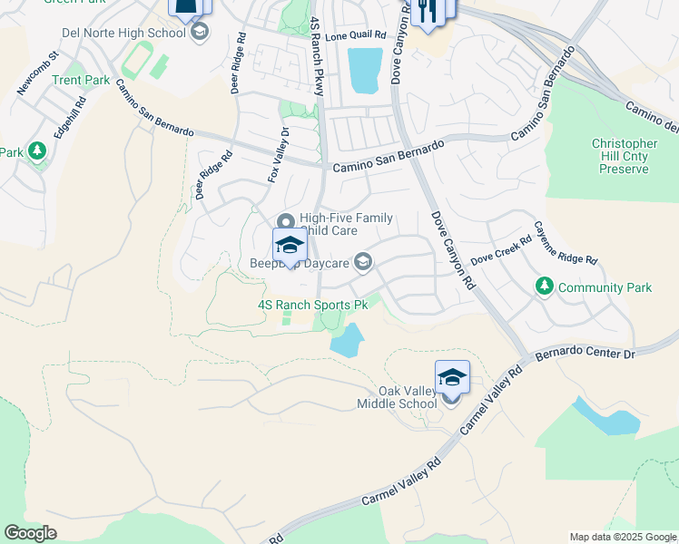 map of restaurants, bars, coffee shops, grocery stores, and more near 16232 Palomino Mesa Court in San Diego
