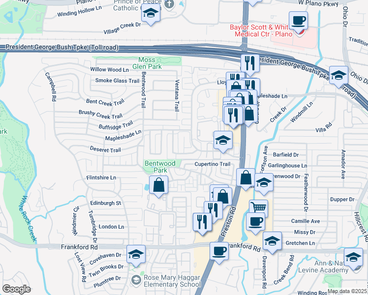 map of restaurants, bars, coffee shops, grocery stores, and more near Everwood Court in Dallas