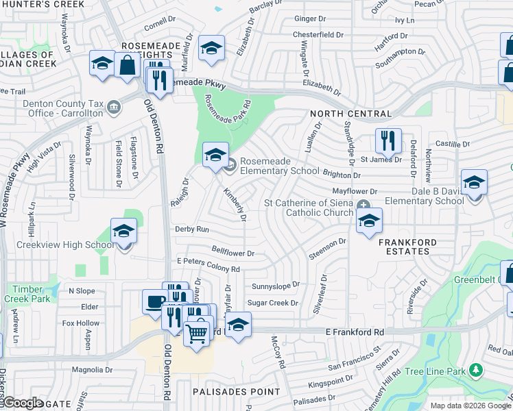 map of restaurants, bars, coffee shops, grocery stores, and more near 1541 Knollview Lane in Carrollton