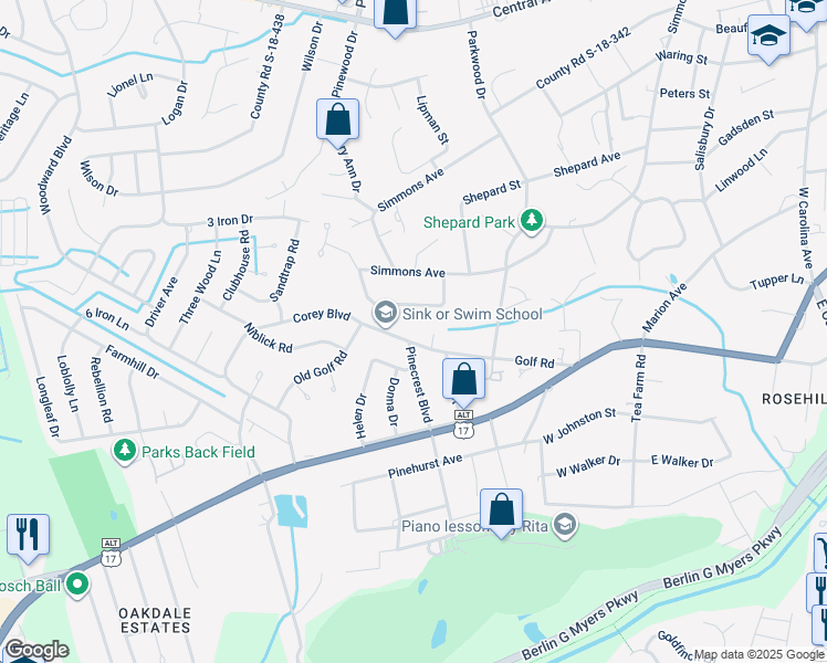 map of restaurants, bars, coffee shops, grocery stores, and more near 401 Golf Road in Summerville