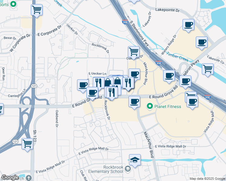 map of restaurants, bars, coffee shops, grocery stores, and more near 391 East Round Grove Road in Lewisville