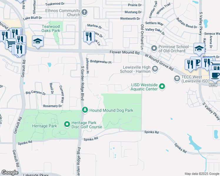 map of restaurants, bars, coffee shops, grocery stores, and more near 300 Petunia Drive in Flower Mound