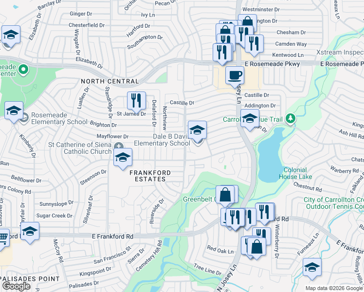map of restaurants, bars, coffee shops, grocery stores, and more near 1725 Paxton Drive in Carrollton