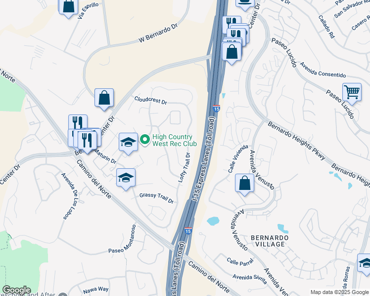 map of restaurants, bars, coffee shops, grocery stores, and more near 16064 Lofty Trail Drive in San Diego