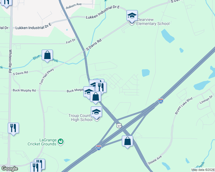 map of restaurants, bars, coffee shops, grocery stores, and more near 1705 Hamilton Road in LaGrange