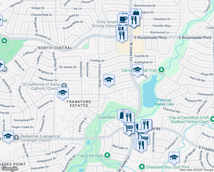 map of restaurants, bars, coffee shops, grocery stores, and more near 3205 Dorchester Drive in Carrollton