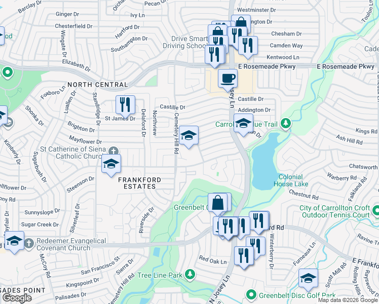 map of restaurants, bars, coffee shops, grocery stores, and more near 3205 Dorchester Drive in Carrollton