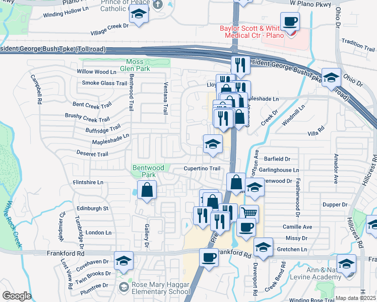 map of restaurants, bars, coffee shops, grocery stores, and more near 18748 Lloyd Circle in Dallas