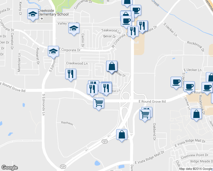map of restaurants, bars, coffee shops, grocery stores, and more near 244 Wallington Way in Lewisville