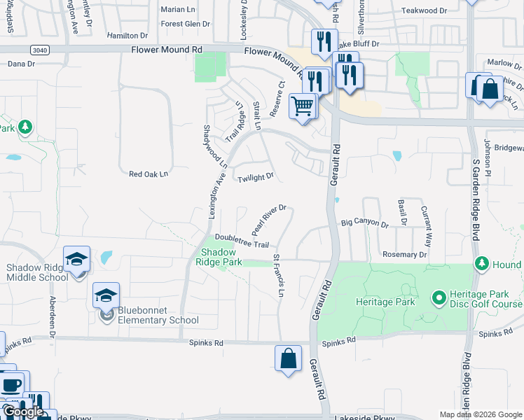 map of restaurants, bars, coffee shops, grocery stores, and more near 1516 San Jacinto Drive in Flower Mound