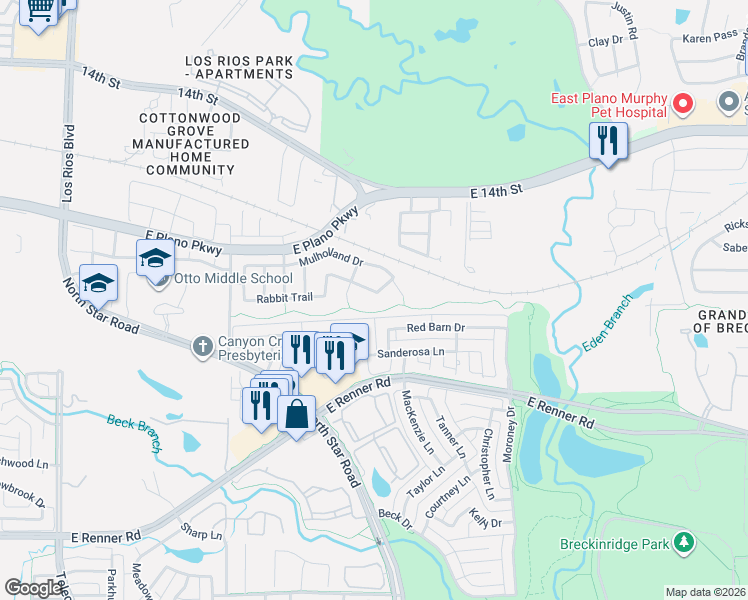 map of restaurants, bars, coffee shops, grocery stores, and more near 5004 Albatross Drive in Plano