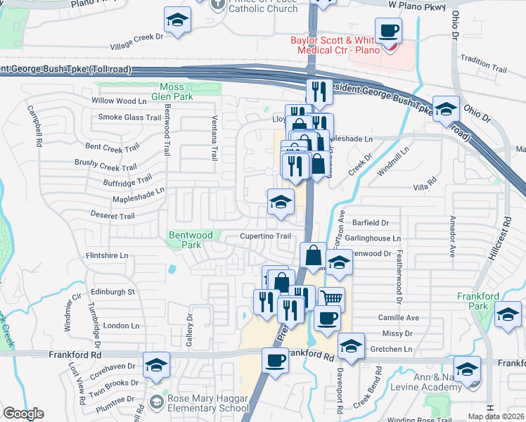 map of restaurants, bars, coffee shops, grocery stores, and more near 18723 Redstone Circle in Dallas