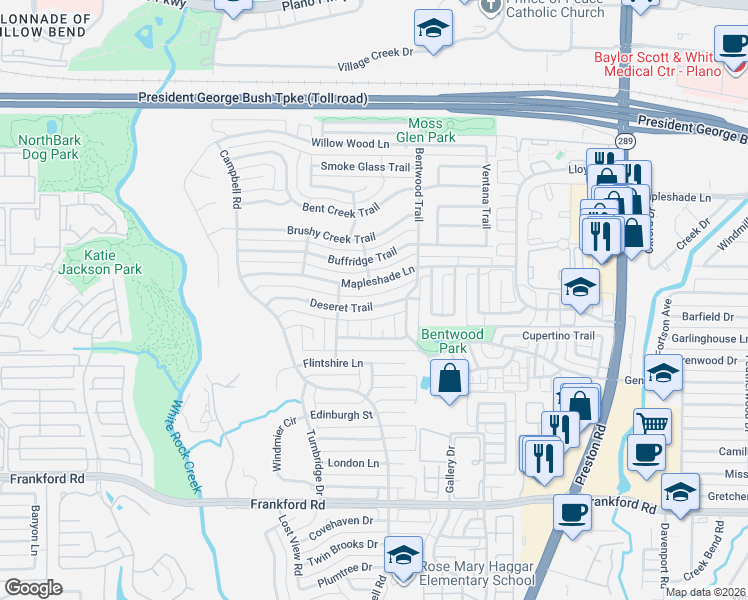 map of restaurants, bars, coffee shops, grocery stores, and more near 5910 Mapleshade Lane in Dallas