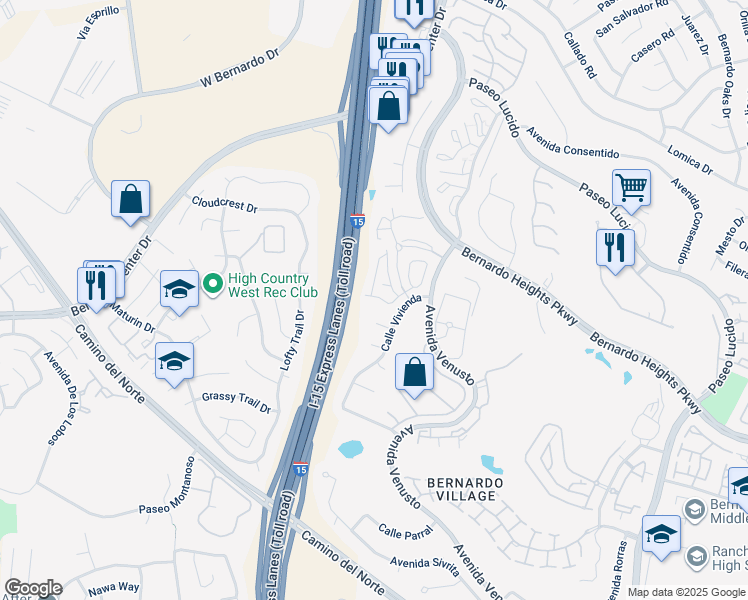 map of restaurants, bars, coffee shops, grocery stores, and more near 16016 Caminito Tomas in San Diego