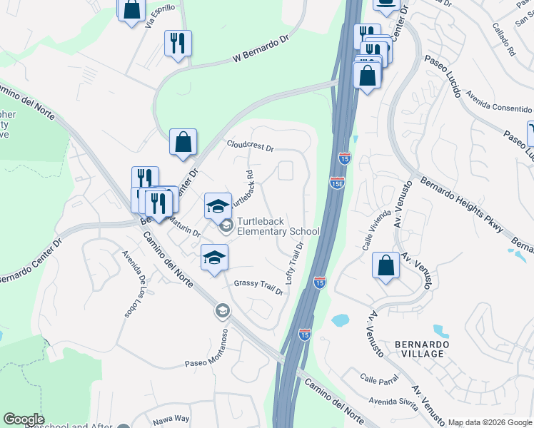 map of restaurants, bars, coffee shops, grocery stores, and more near 16094 Sun Summit Point in San Diego
