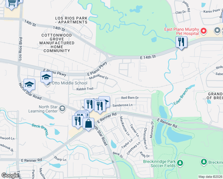 map of restaurants, bars, coffee shops, grocery stores, and more near 5004 Albatross Drive in Plano