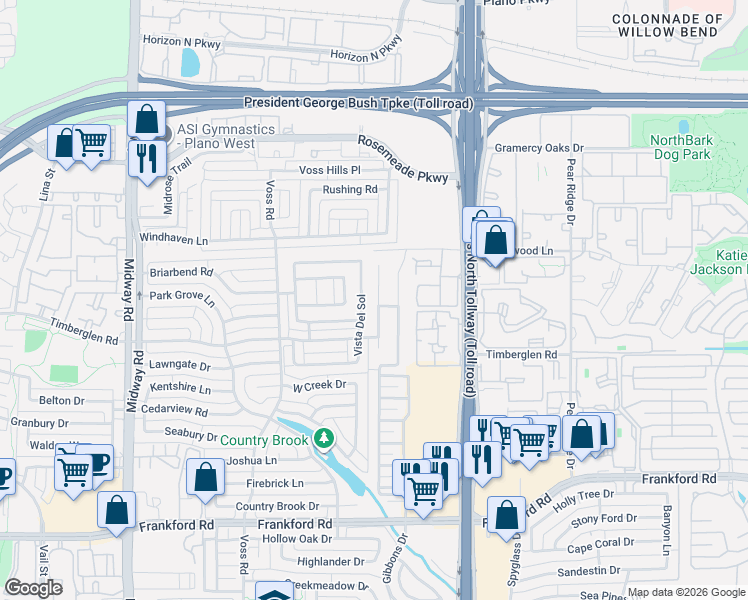 map of restaurants, bars, coffee shops, grocery stores, and more near 18757 Vista Del Sol in Dallas