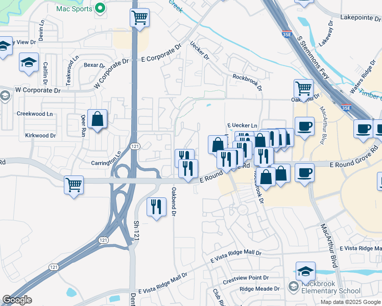 map of restaurants, bars, coffee shops, grocery stores, and more near 201 East Round Grove Road in Lewisville