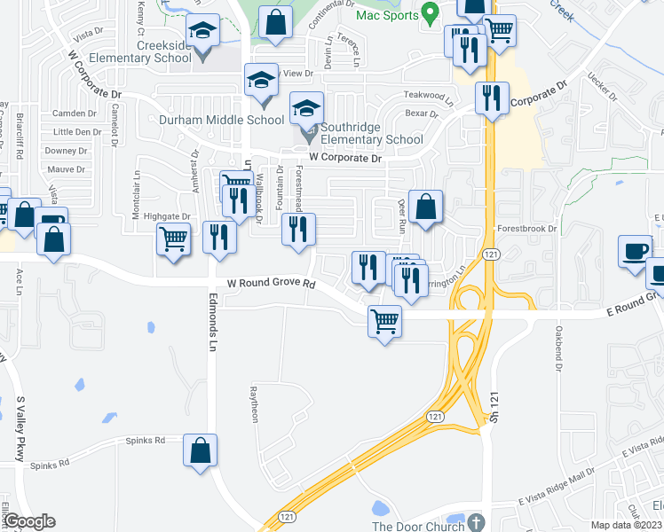 map of restaurants, bars, coffee shops, grocery stores, and more near 409 West Round Grove Road in Lewisville