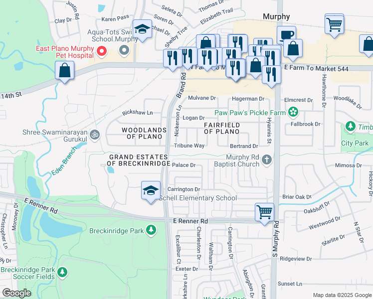 map of restaurants, bars, coffee shops, grocery stores, and more near 5824 Tribune Way in Plano