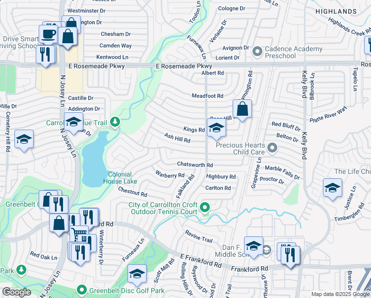 map of restaurants, bars, coffee shops, grocery stores, and more near 2034 Ash Hill Road in Carrollton
